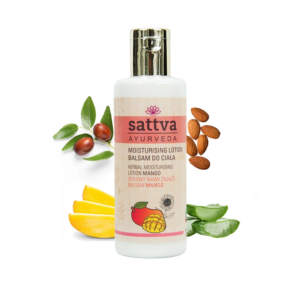 Loção corporal natural com manga da Sattva Ayurveda que hidrata, nutre e suaviza a pele seca, deixando-a macia, sedosa e confortável.