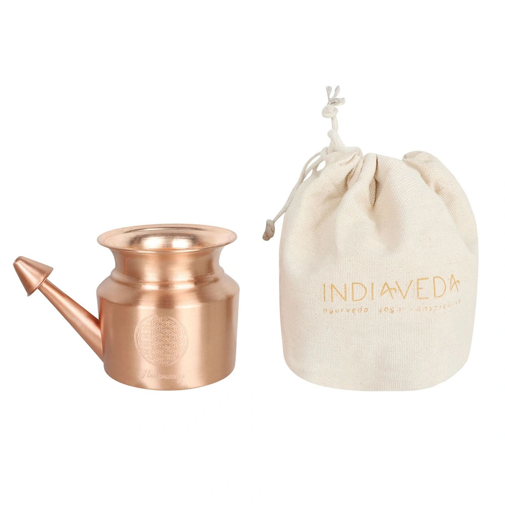 Lota nasal em cobre com design Flor da Vida, promovendo equilíbrio e energia.