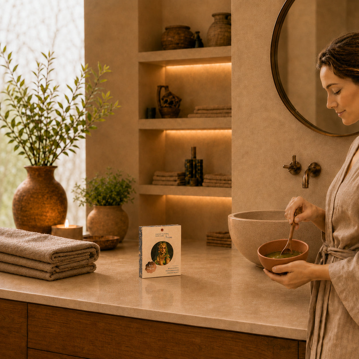 Máscara Capilar Bio de Neem com pó de neem em ambiente de spa