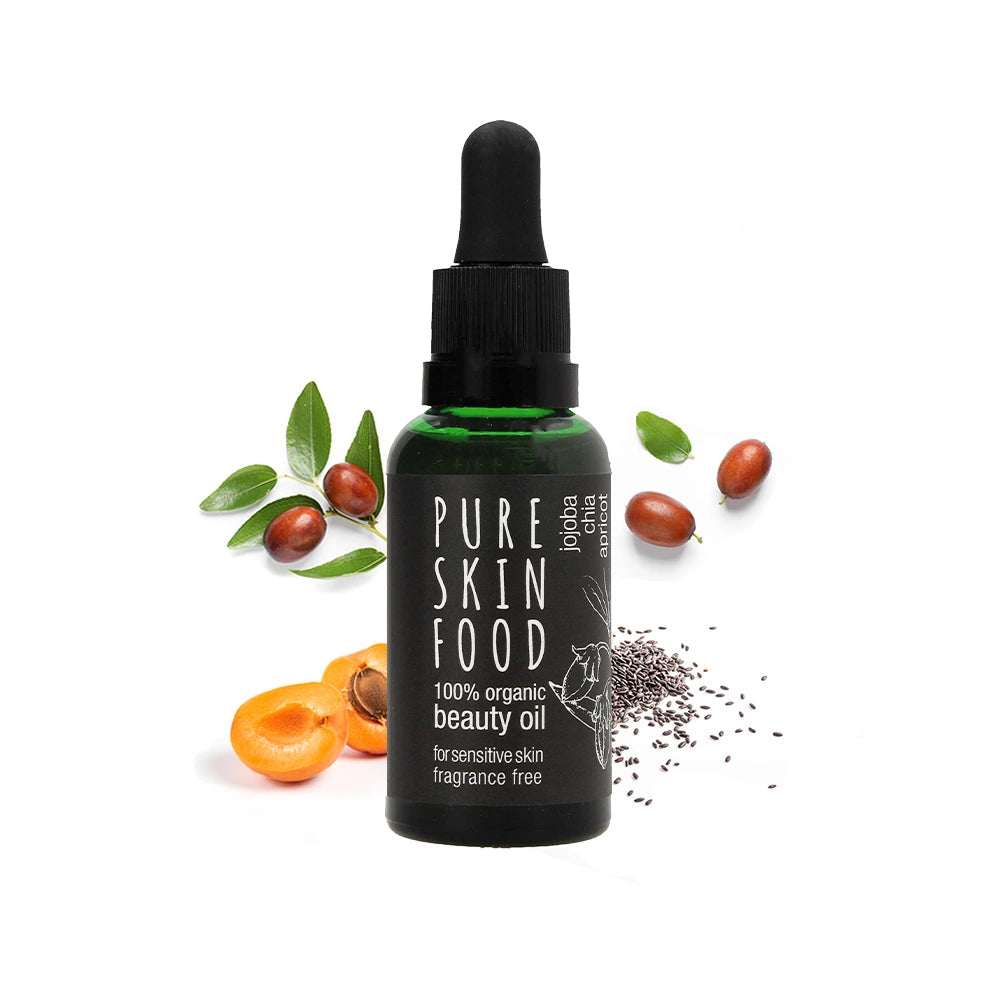 Óleo de beleza orgânico vegan que proporciona hidratação suave para pele sensível.