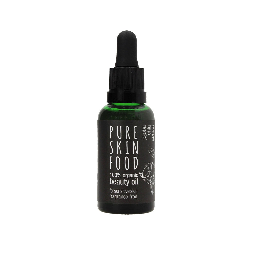 Óleo facial orgânico sem fragrância para pele sensível, nutritivo e protetor.