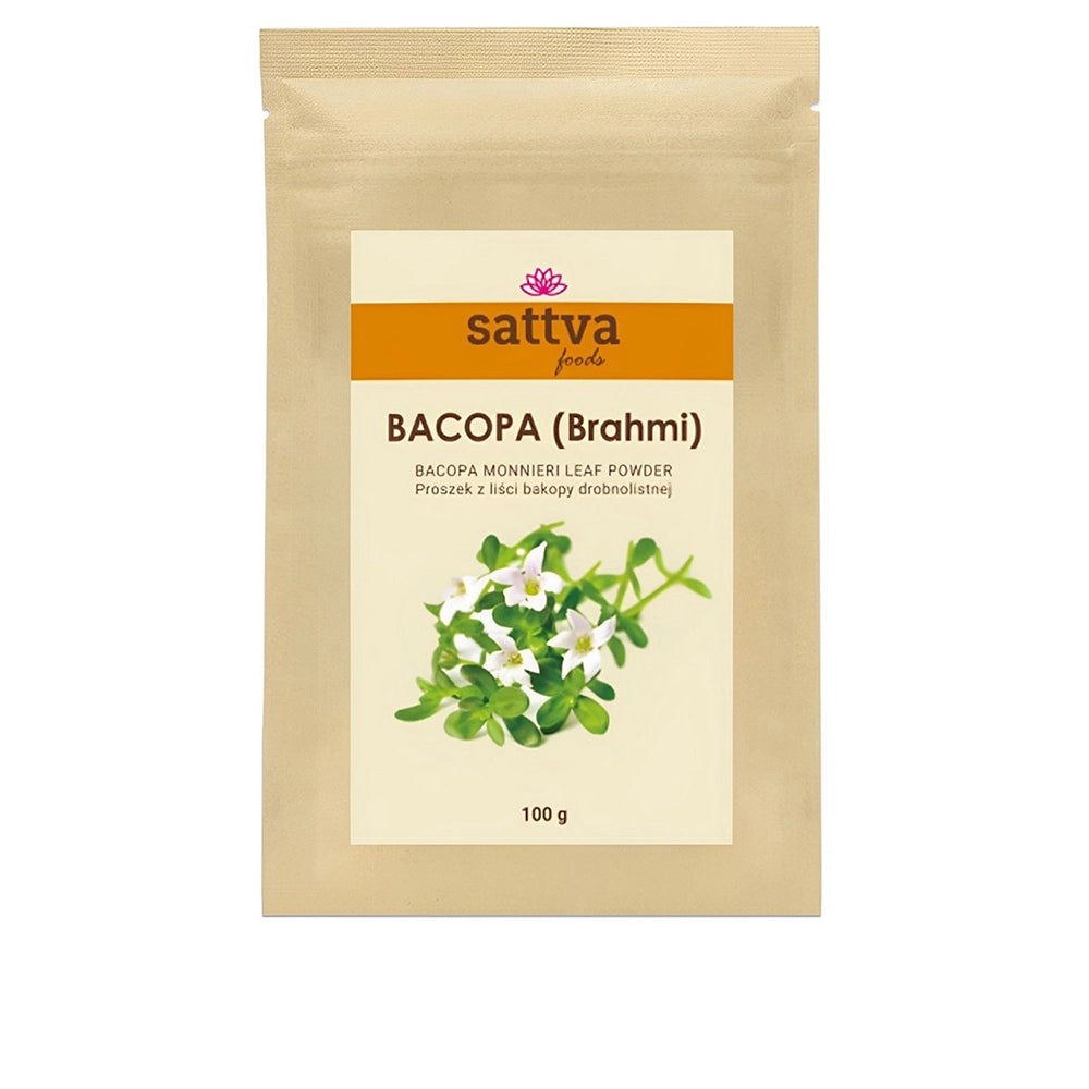 Pó de Brahmi Biológico (Bacopa monnieri) da Sattva Foods para apoiar naturalmente a memória, a concentração, a clareza mental e o bem-estar cognitivo.