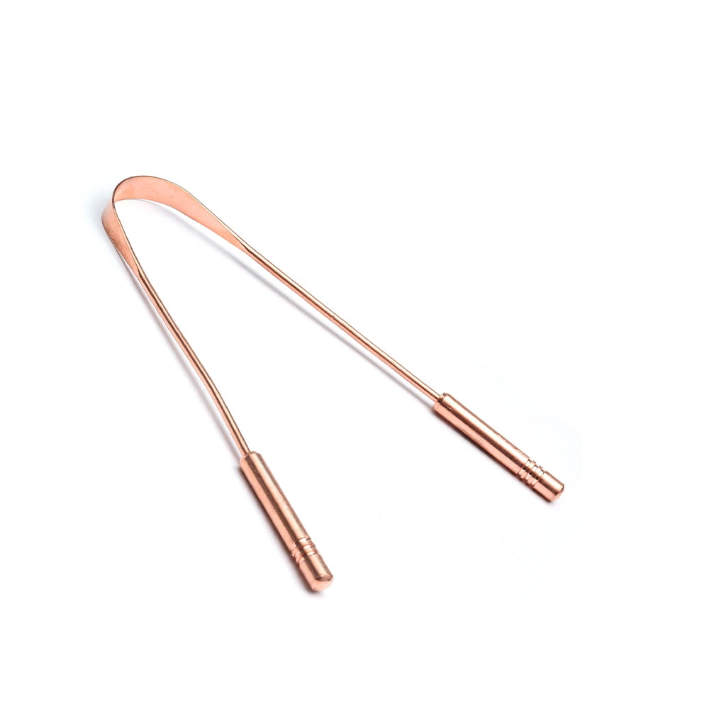 Raspador de língua em cobre Ayurveda reutilizável para limpeza da língua, higiene oral diária e hálito fresco de forma natural.