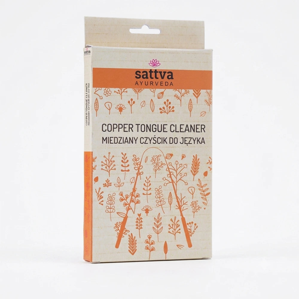 Raspador de língua em cobre natural para remover a placa bacteriana da língua, promover um hálito fresco e complementar a higiene oral diária.