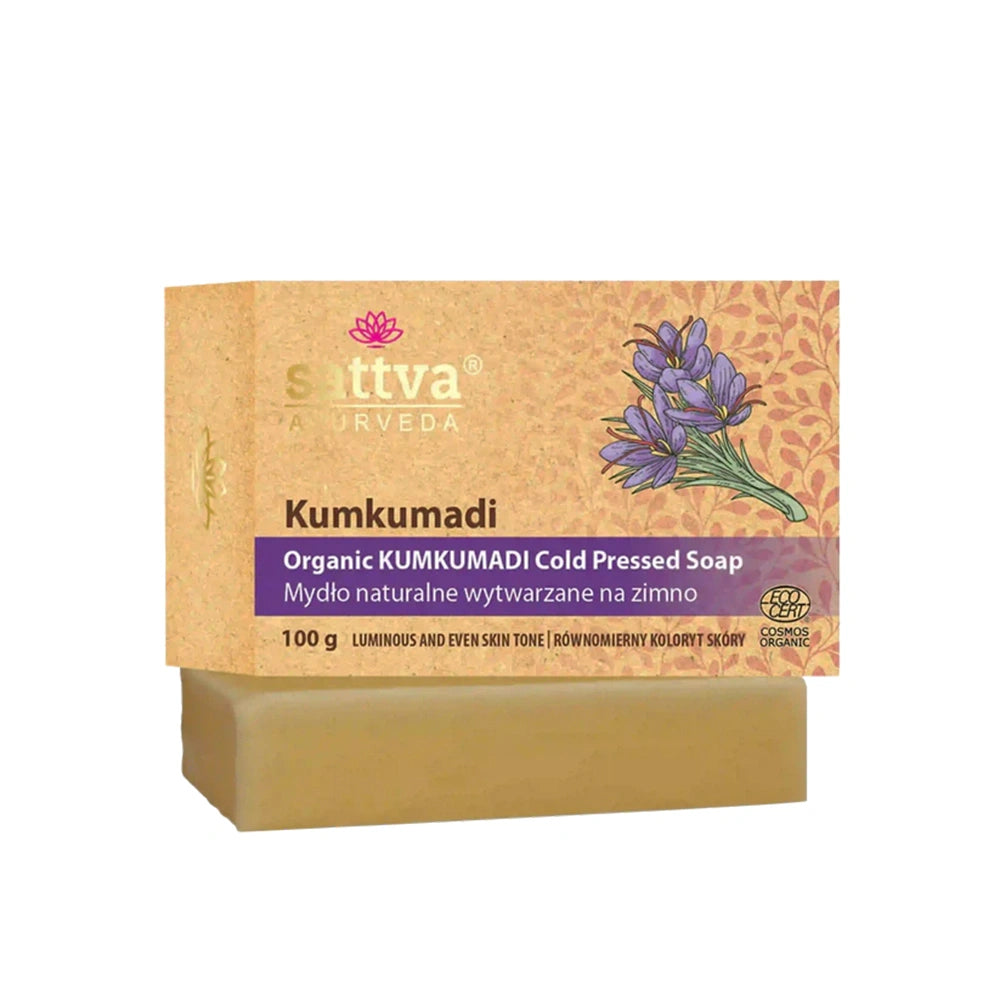 Sabonete natural ayurvédico Kumkumadi com óleos vegetais orgânicos para nutrir e iluminar a pele.