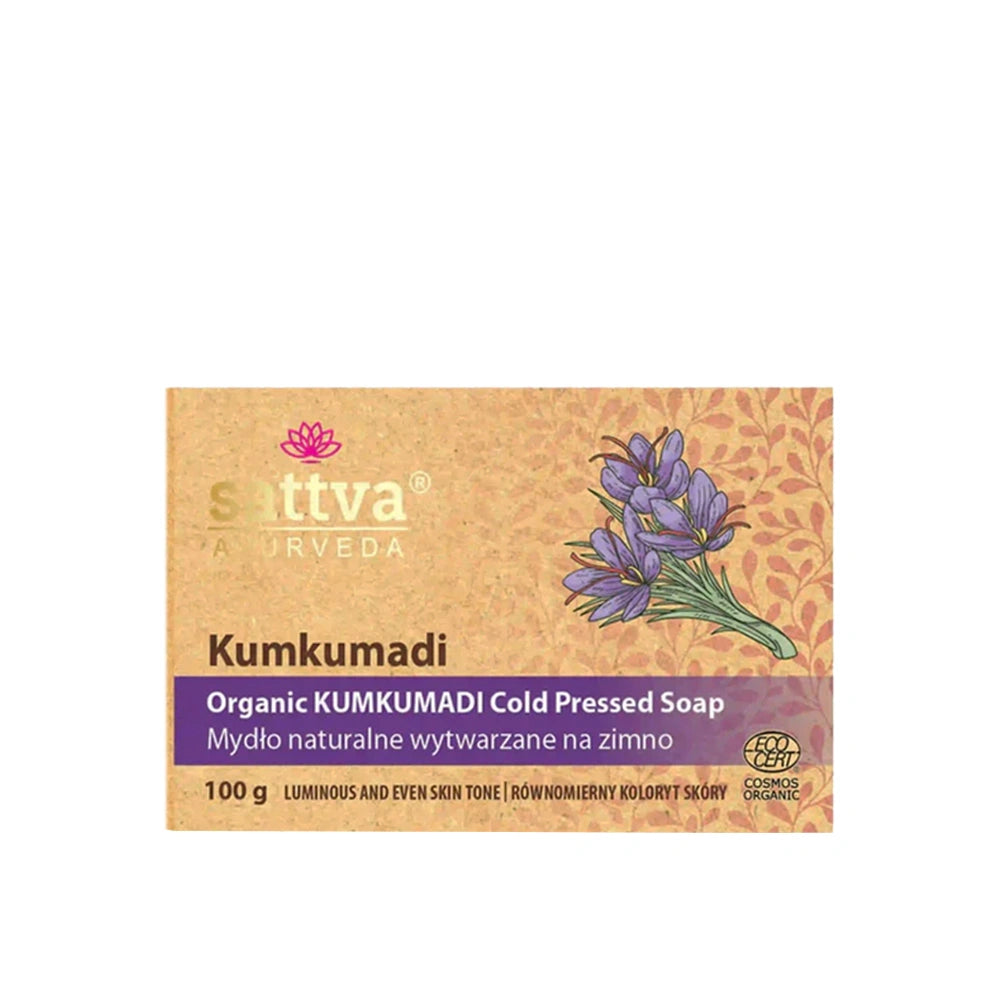 Sabonete Orgânico Kumkumadi Ayurvédico Sattva Ayurveda com açafrão e cúrcuma para uma pele luminosa e tom uniforme.