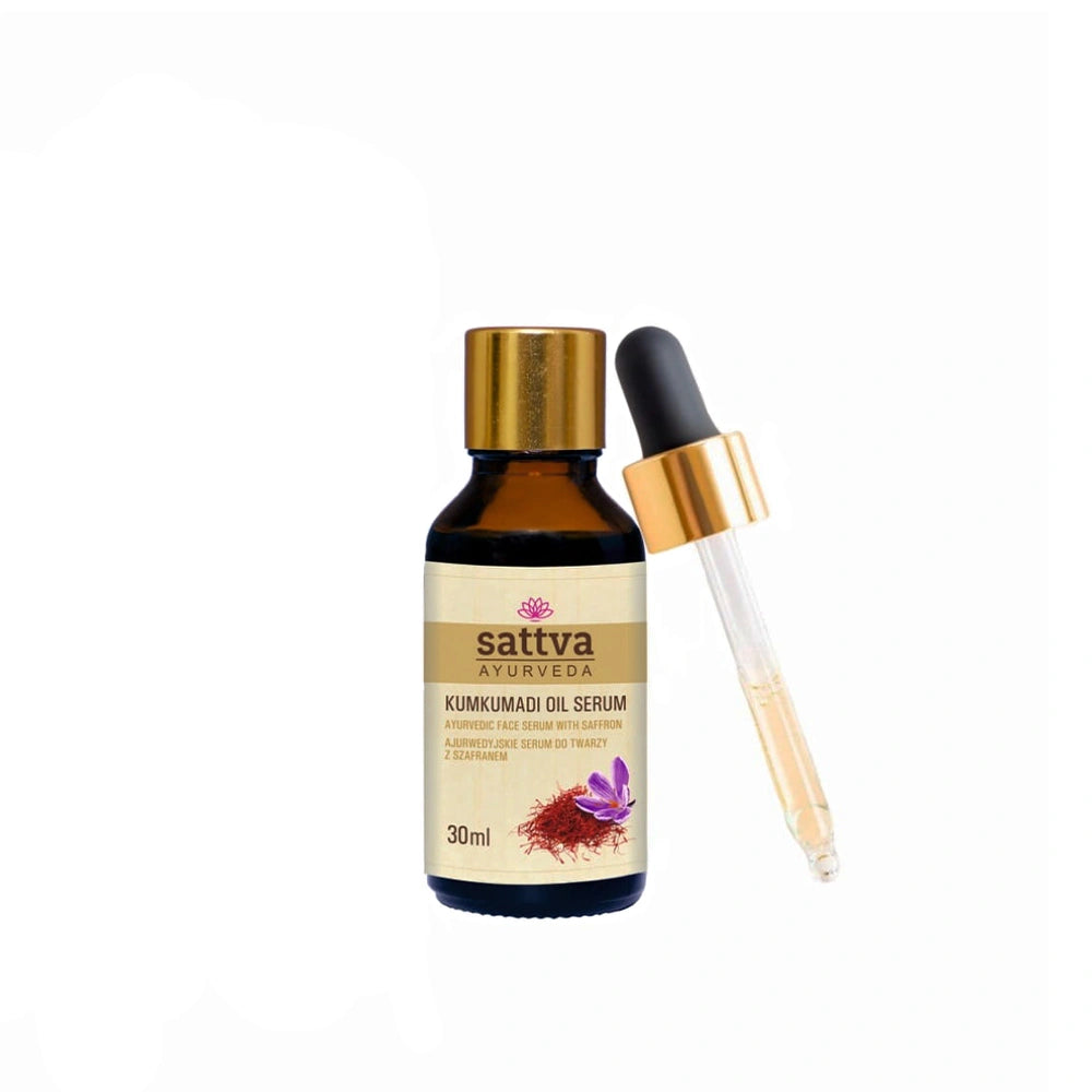 Sérum facial natural Kumkumadi com açafrão para hidratação, luminosidade e cuidado da pele inspirado na Ayurveda.