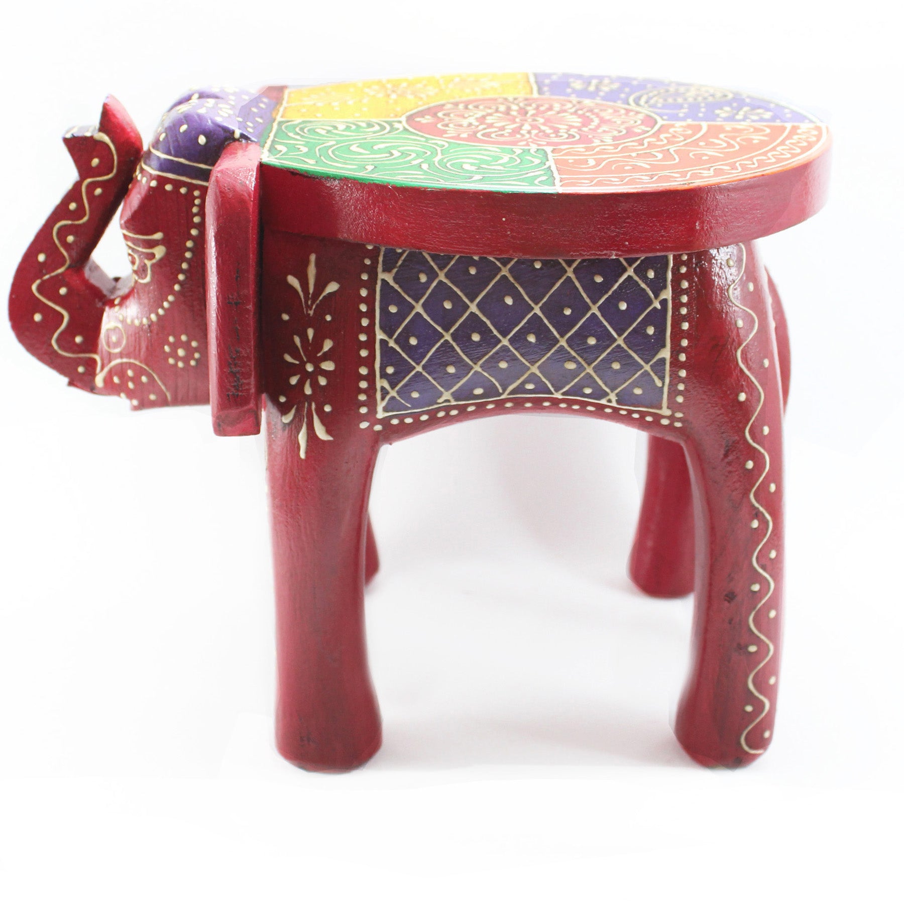 Red Hand Painted Wooden Elephant Stool
