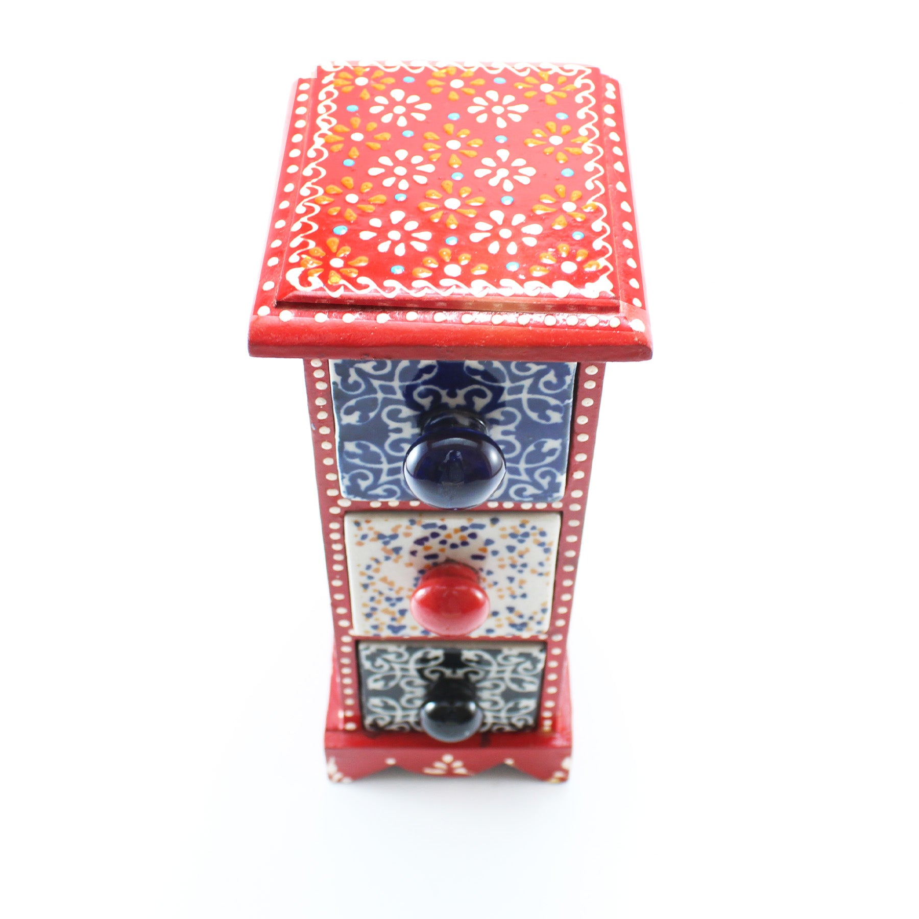 Miniature Chest with 3 Ceramic Drawers Red